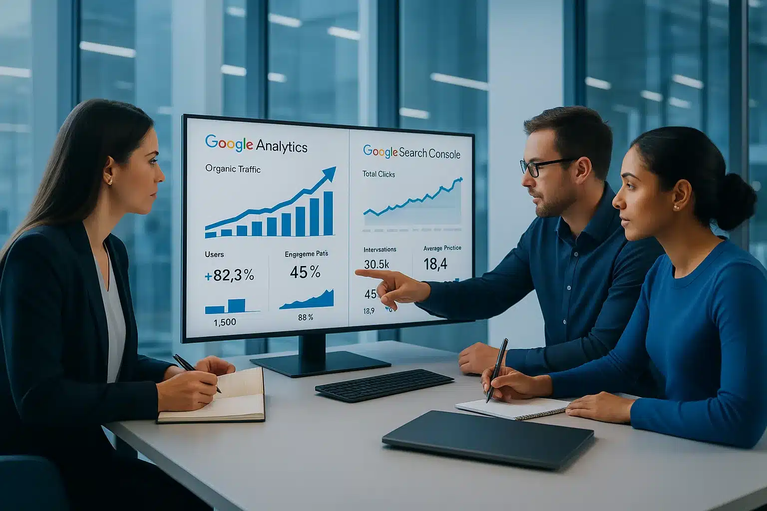 Política Editorial 2 Equipo de profesionales analizando métricas de Google Analytics y Google Search Console en pantallas grandes, revisando el crecimiento del tráfico orgánico en una oficina moderna.