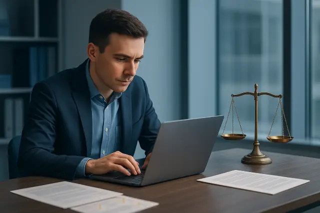 Política Editorial 9 Periodista en oficina moderna trabajando en laptop con una balanza sobre el escritorio, símbolo de ética y neutralidad informativa.