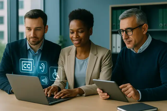 Política Editorial 5 Equipo diverso de profesionales revisando contenidos digitales accesibles en laptops y tablets, con iconos de accesibilidad visibles en pantalla dentro de una oficina moderna y corporativa.