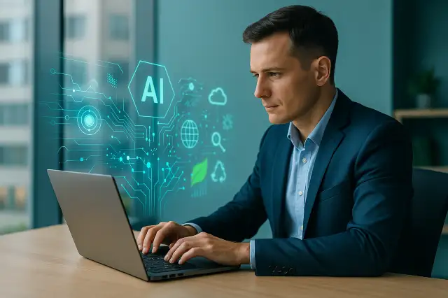 Política Editorial 4 Periodista digital trabajando en laptop con pantallas holográficas de inteligencia artificial y datos, en oficina moderna con tonos corporativos azul y verde.