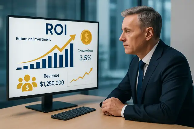 Política Editorial 3 Ejecutivo de negocios revisando gráficos de ROI y métricas de conversión en una pantalla, mostrando crecimiento positivo en ingresos e inversión.