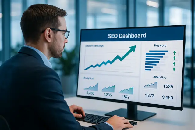 Política Editorial 1 Analista de marketing digital revisando un panel SEO con métricas de posicionamiento, palabras clave y gráficos ascendentes en una oficina moderna.