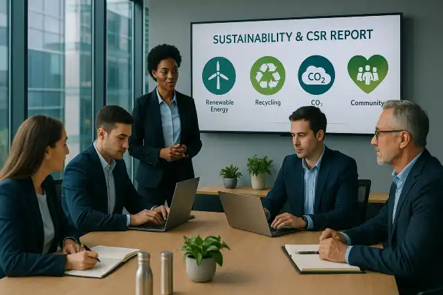 Política Editorial 6 Equipo directivo presentando un informe de Sostenibilidad y RSC en una sala de juntas, con pantalla que muestra iconos de energía renovable, reciclaje, CO₂ y comunidad.