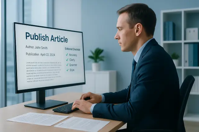 Política Editorial 8 Editor de contenidos publicando un artículo en un monitor grande con lista de verificación editorial y datos de autor y fecha de publicación en una oficina corporativa moderna.