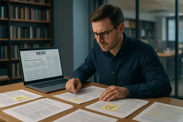 Política Editorial 7 Periodista digital verificando información en laptop y documentos impresos con notas resaltadas y marcas de verificación en un entorno editorial profesional.