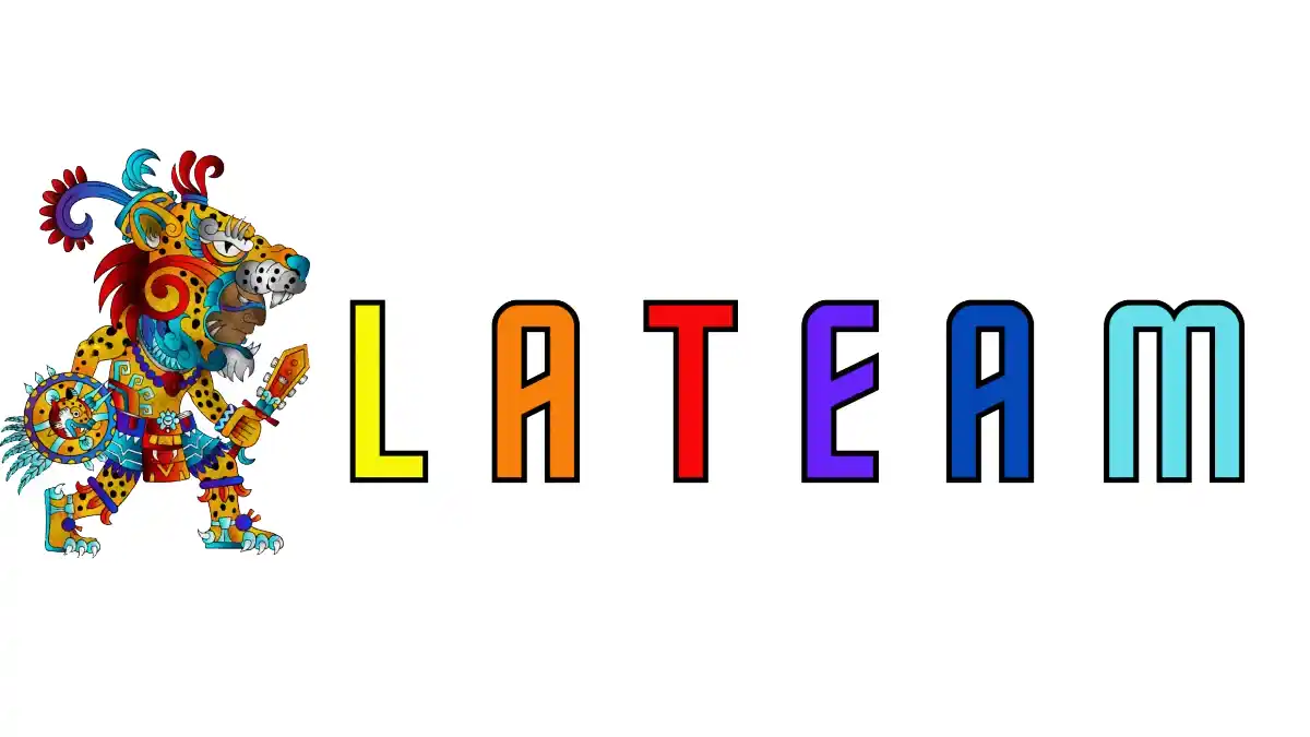 Logotipo colorido de LATEAM app latina, con diseño de guerrero azteca y letras multicolor representando inclusión y diversidad empresarial latina.