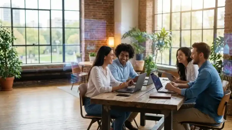 Equipo reunido en una mesa de trabajo con laptops