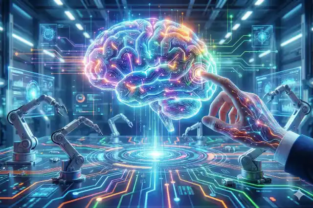 Agencia de Marketing Digital 19 Mano interactuando con interfaz holográfica de un cerebro digital multicolor y el texto "Consultoría en IA y Automatización", con brazos robóticos de fondo, representando servicios de inteligencia artificial de Gazu Technology.