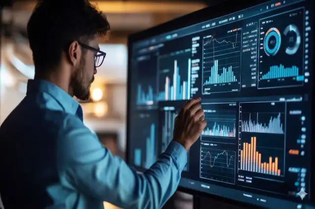 Agencia de Marketing Digital 25 Profesional interactuando con un tablero avanzado de análisis de datos e IA predictiva para la toma de decisiones estratégicas en una empresa.