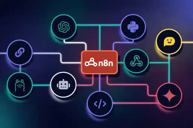 Agencia de Marketing Digital 22 Flujo de automatización en n8n con integraciones de inteligencia artificial, APIs y procesamiento de datos conectados en un workflow visual moderno