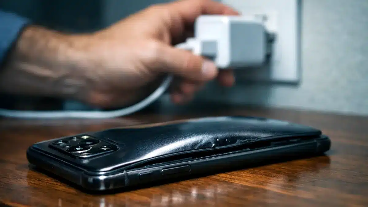 Efecto técnico de los cargadores rápidos en la batería. Celular con batería inflada por el uso de cargadores rápidos genéricos sobre un escritorio de oficina.