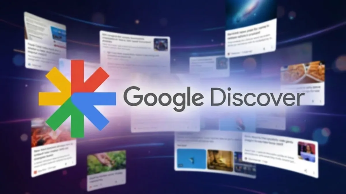 Dominando Google Discover: Estrategias de visibilidad móvil 2026. Logo oficial de Google Discover rodeado de tarjetas de contenido dinámico y efectos visuales de alta tecnología.
