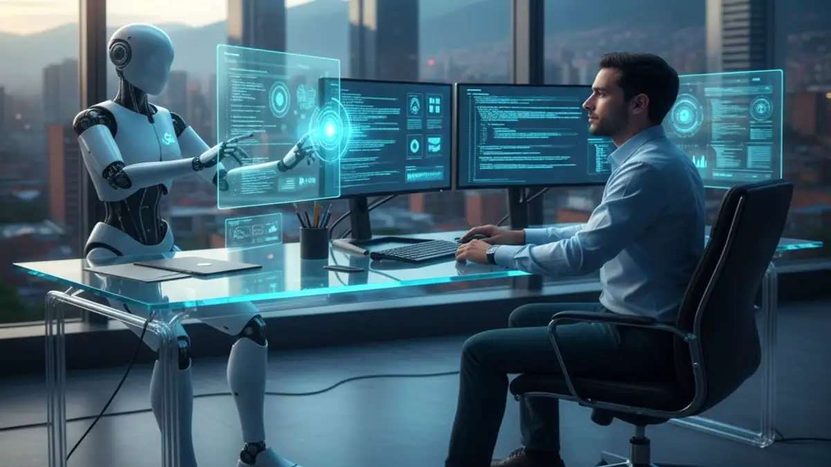 Ingeniería de Sistemas y el Futuro de la Inteligencia Artificial Ingeniero de sistemas colaborando con un asistente androide en el desarrollo de software con inteligencia artificial.