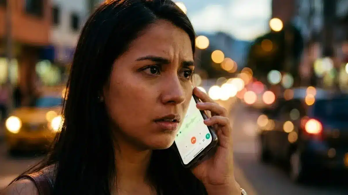 Nueva estafa con IA clonando voces en WhatsApp para robar Nequi Mujer colombiana preocupada mirando su celular al recibir una nota de voz de WhatsApp falsa creada con inteligencia artificial.