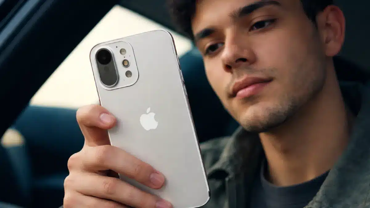 Precio del iPhone 17 en Colombia y análisis de cobertura 5G Usuario sosteniendo un iPhone 17 Pro color titanio natural en una calle de Bogotá, mostrando la pantalla con señal 5G débil.