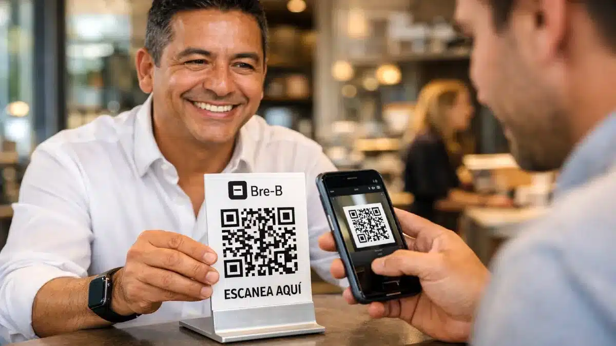 Sistema Bre-B Colombia: Así funcionan los nuevos pagos con QR interoperable. Comerciante colombiano recibiendo un pago inmediato mediante el código QR único del Sistema Bre-B en su negocio.