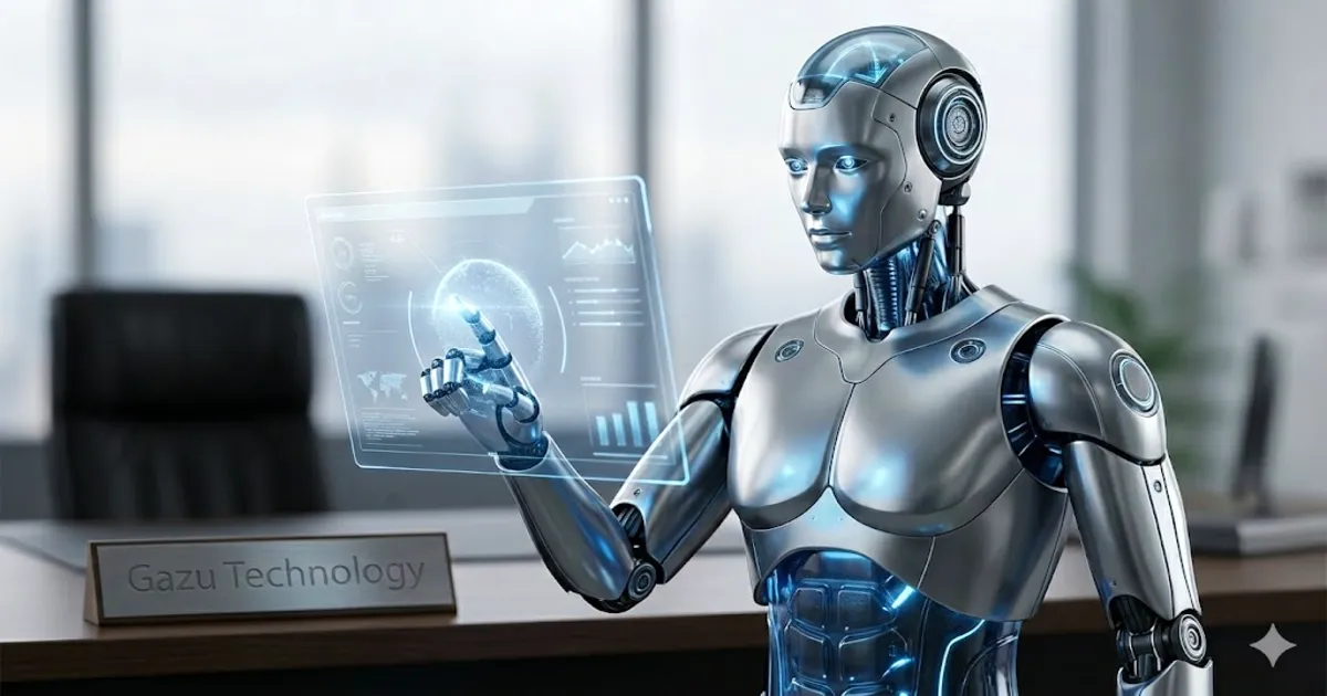 Aurora: El Agente de IA para la automatización empresarial. Agente de IA Aurora representado como un androide premium de metal y cristal operando en una oficina ejecutiva de Gazu Technology.