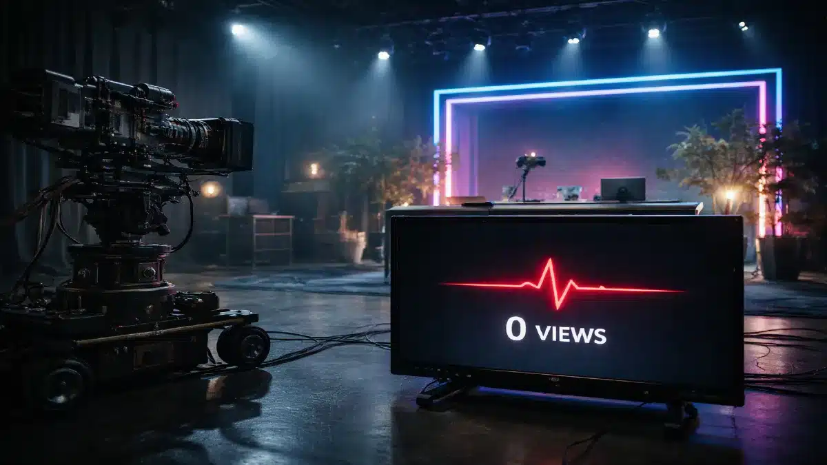 Algoritmo de Instagram: Penalización de vistas en Reels. Monitor de estudio de grabación mostrando un gráfico de cero reproducciones como consecuencia de la caída de alcance por el algoritmo de Instagram.