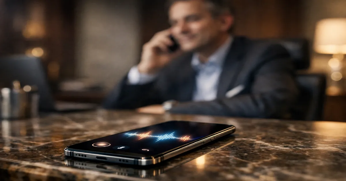 Atención al cliente mediante voz en tiempo real. Interfaz de audio en un smartphone premium representando la automatización de servicio al cliente corporativo.