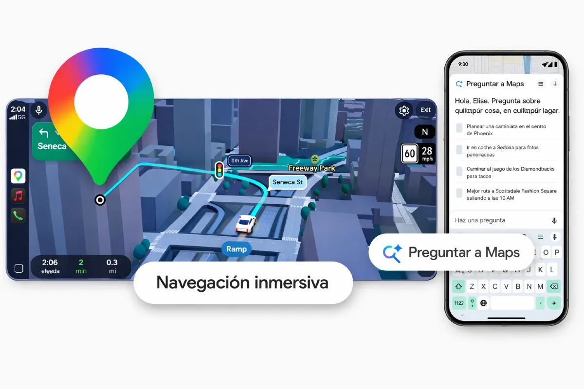 Google Maps con Gemini: navegación inmersiva y consultas inteligentes en tiempo real Interfaz de Google Maps con Gemini mostrando navegación inmersiva en 3D y la función Preguntar a Maps con asistencia de inteligencia artificial.