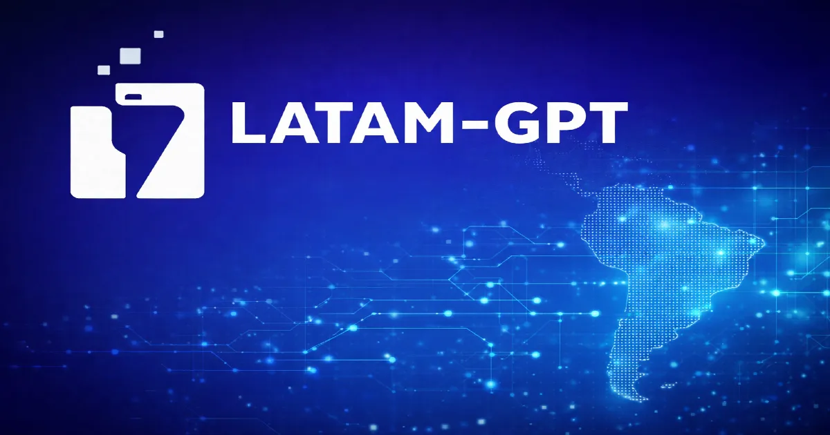 Latam-GPT y el debate sobre la soberanía digital en América Latina Logotipo de Latam GPT sobre fondo azul representando el desarrollo de inteligencia artificial y soberanía digital en América Latina.