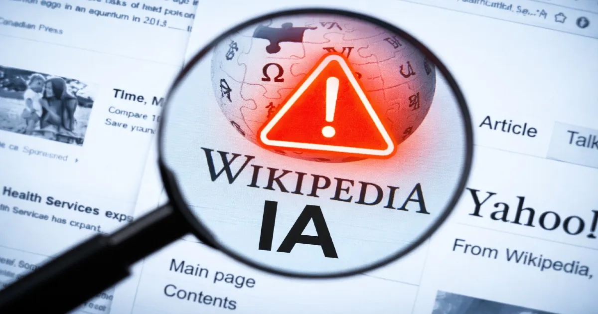 Artículos generados con IA: la alerta de Wikipedia sobre contenido no verificado Lupa enfocando Wikipedia con señal de alerta sobre artículos generados con IA y verificación de contenido digital