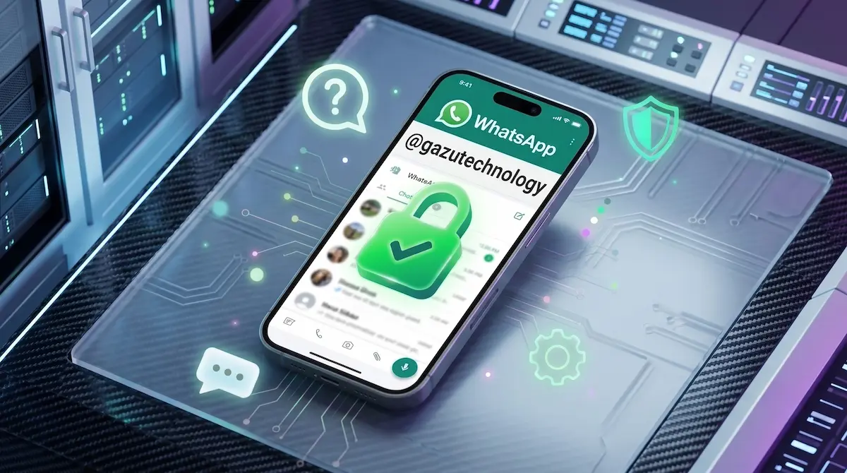 Cómo Activar la Máxima Privacidad en tu WhatsApp (Guía Completa) Primer plano de un iPhone con la aplicación WhatsApp abierta mostrando un candado verde de seguridad y el usuario de Gazu Technology, ilustrando la encriptación de chats.