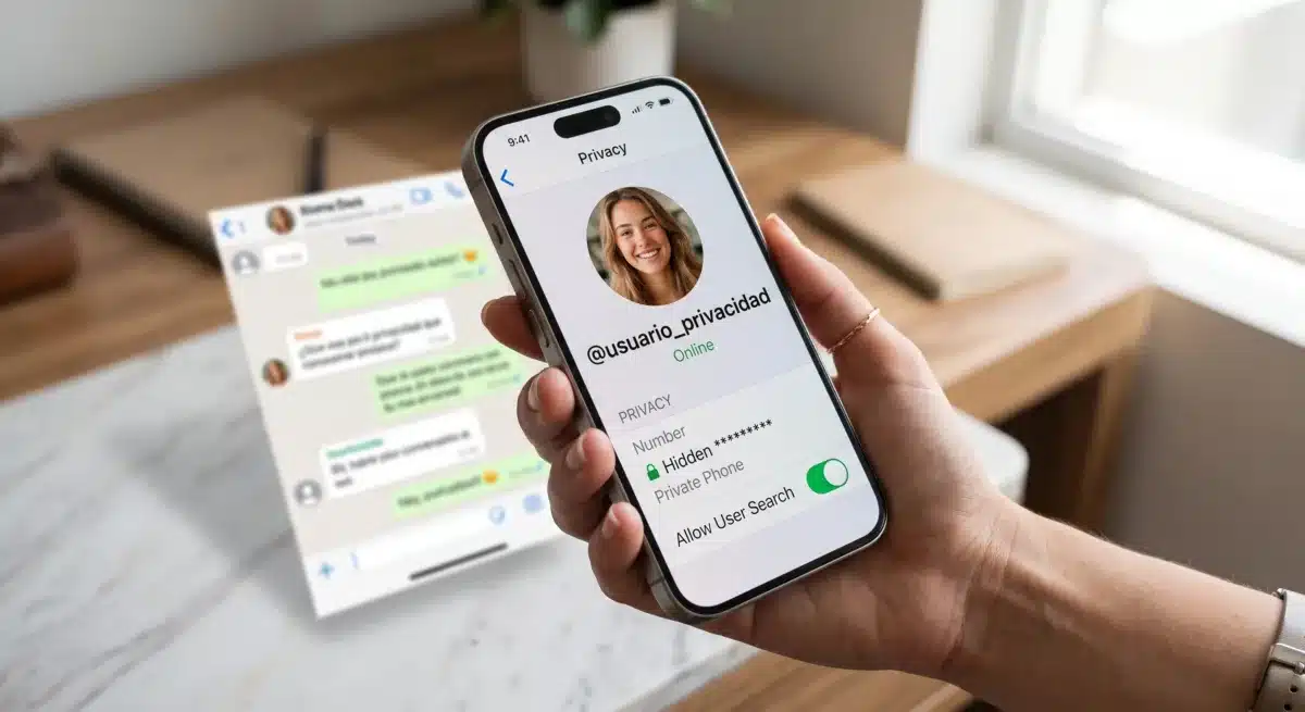 Privacidad WhatsApp: Nombres de Usuario LatAm 3 Una mano femenina sostiene un iPhone 15 Pro Max que muestra la pantalla de configuración de privacidad de WhatsApp para el perfil de usuario "@usuario_privacidad". La sección de privacidad muestra "Number Hidden" con un icono de candado y "Private Phone", mientras que el interruptor para "Allow User Search" está activado en verde. Un chat de WhatsApp flotante está en el fondo.