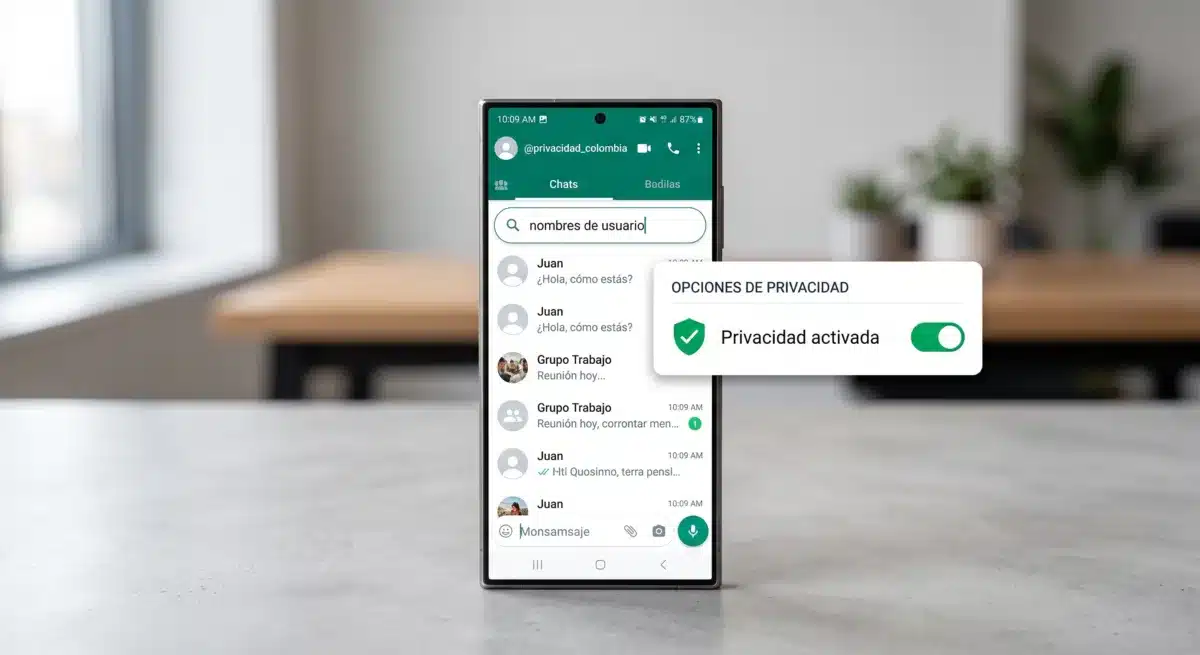 Privacidad WhatsApp: Nombres de Usuario LatAm 2 Un smartphone Samsung Galaxy Ultra centrado que muestra la interfaz de chat de WhatsApp con una barra de búsqueda que dice "nombres de usuario". Sobre la interfaz, un pop-up flotante titulado "OPCIONES DE PRIVACIDAD" tiene un icono de escudo de seguridad y un interruptor verde activado para "Privacidad activada".