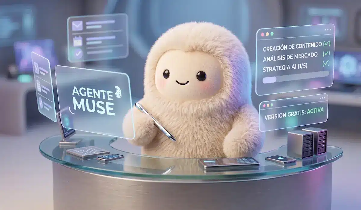 Adorable criatura de peluche, el Agente Muse, sentada en un escritorio tecnológico moderno interactuando con pantallas holográficas de tareas de IA y un servidor en miniatura, con el texto "VERSION GRATIS: ACTIVA".