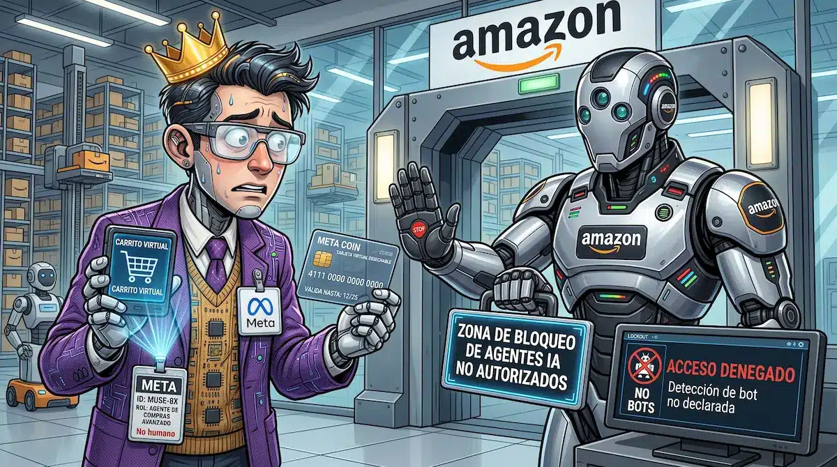 Ilustración digital que muestra a un robot de seguridad de Amazon bloqueando físicamente a un empleado nervioso de Meta identificado como un agente de IA "No Humano" (MUSE-8X) en la entrada de un almacén automatizado. El robot sostiene un cartel que dice "ZONA DE BLOQUEO DE AGENTES IA NO AUTORIZADOS" y una pantalla de control muestra "ACCESO DENEGADO". El empleado de Meta lleva una corona y sostiene tarjetas de "CARRITO VIRTUAL" y "META COIN".