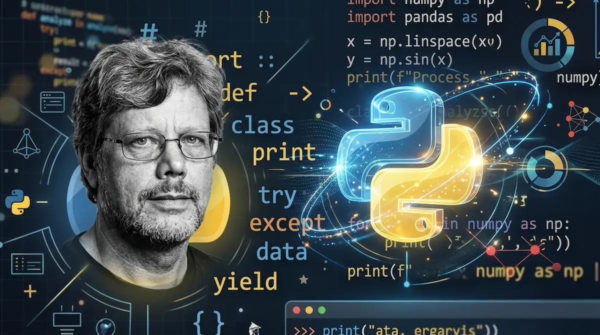 Retrato de Guido van Rossum, creador de Python, junto al logotipo tridimensional brillante del lenguaje sobre un fondo tecnológico interactivo con líneas de código y gráficos de datos.
