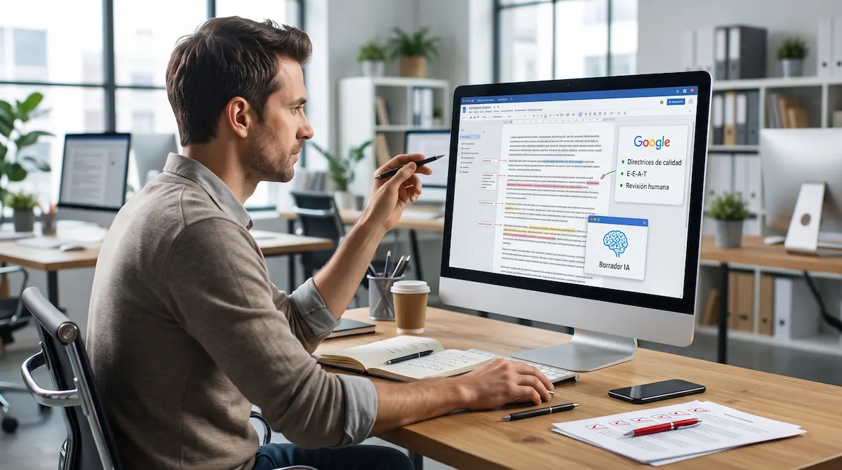 Editor analizando el impacto y las pautas de los nuevos anuncios en ChatGPT para empresas en Colombia desde su computadora en una oficina.