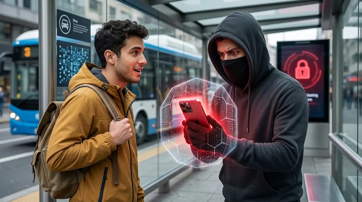 Ilustración conceptual de un hurto en la calle donde el dispositivo se protege instantáneamente gracias a la activación del Bloqueo Antirrobo iPhone, representado por un escudo digital rojo.