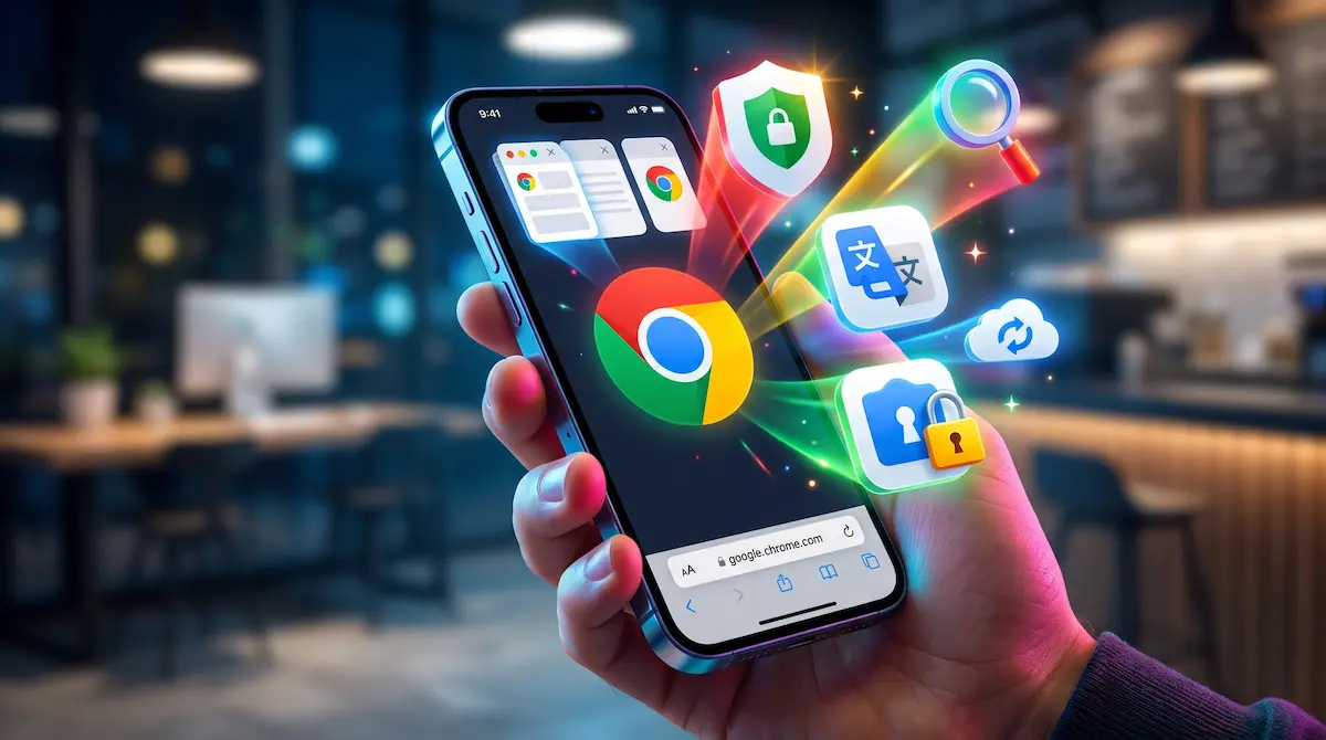 Mano sosteniendo un iPhone que proyecta iconos 3D luminosos representando las mejores herramientas de navegación de Chrome en iOS