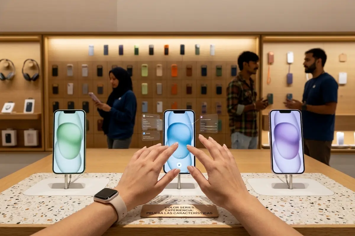 Vista en primera persona de un usuario interactuando con una interfaz holográfica en una tienda Apple para configurar el Bloqueo Antirrobo iPhone en los nuevos modelos.
