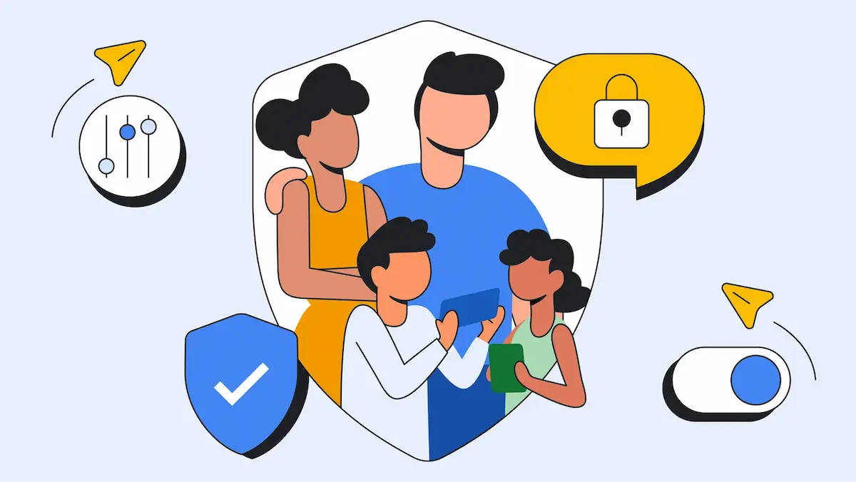 Ilustración gráfica de una familia protegida al utilizar dispositivos móviles mediante las configuraciones de Control Parental YouTube.