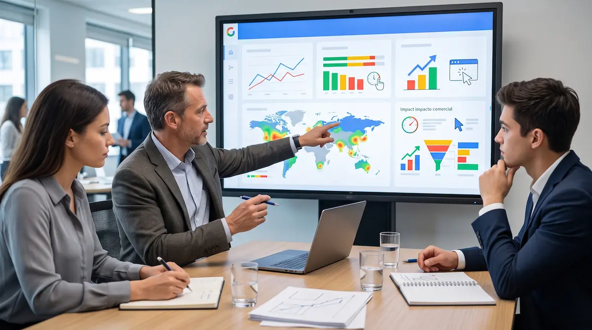 Equipo de directivos analizando métricas de Core Web Vitals en un panel de rendimiento comercial.