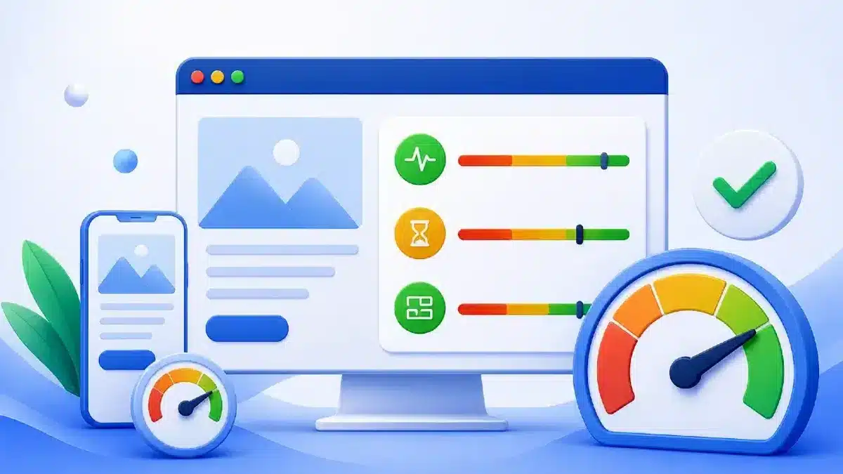Ilustración tecnológica sobre Core Web Vitals y optimización del rendimiento de sitios web en dispositivos móviles y escritorio.