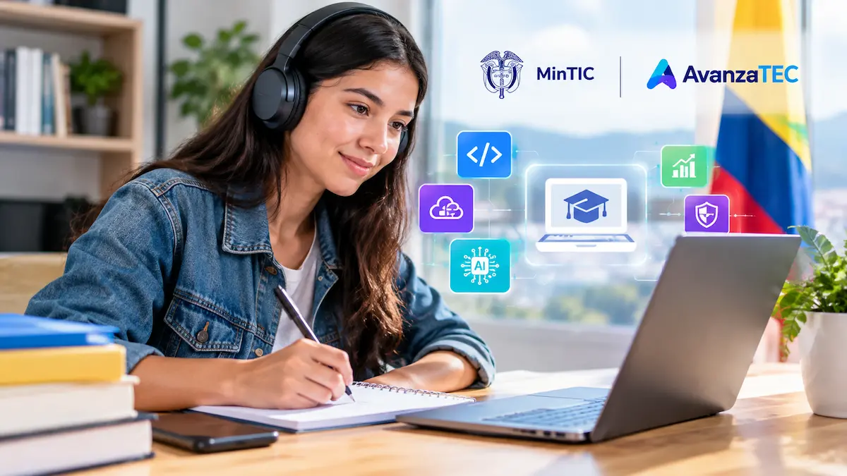 Cursos MinTIC gratis: estudiante colombiana realiza formación digital en línea con herramientas tecnológicas.