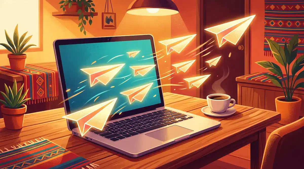Portátil con mensajes representados como aviones de papel para ilustrar una campaña de email.