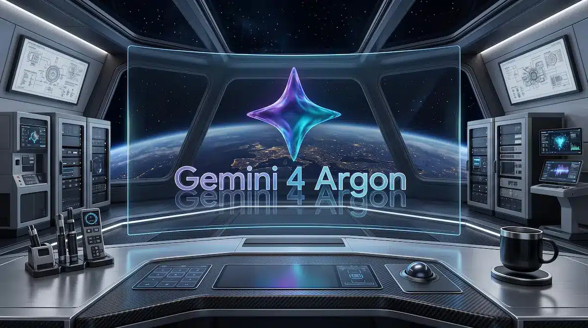 Interior de una cabina de control de nave espacial futurista con consolas de mando táctiles avanzadas, una ventana panorámica al espacio con vista de la Tierra, y un panel transparente flotante que muestra el texto Gemini 4 Argon y un logo brillante.