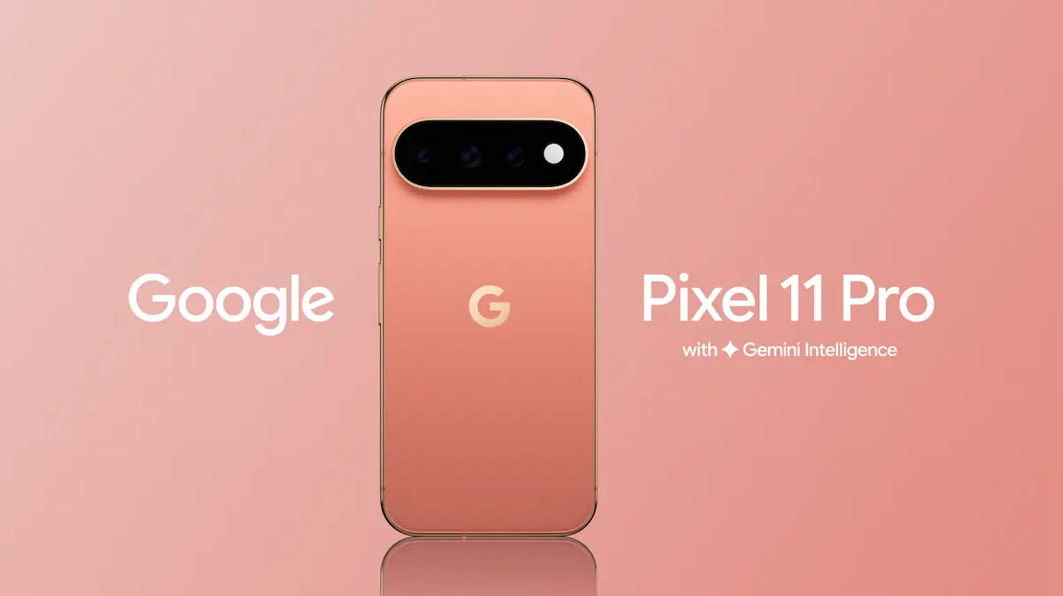 Vista posterior de un Google Pixel 11 Pro en color coral, con el módulo de cámaras horizontal y la mención Gemini Intelligence.