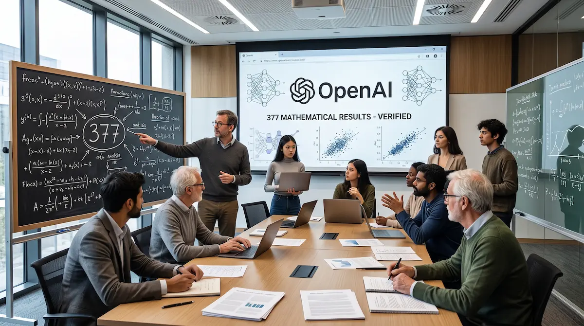 Grupo de expertos e investigadores analizando los 377 resultados de OpenAI Matemáticas en una sala de conferencias con pizarras y proyecciones.