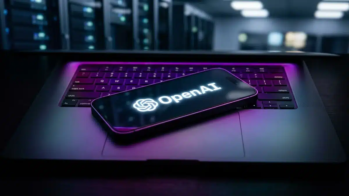 Smartphone con logo iluminado de OpenAI sobre ordenador portátil en entorno de servidores