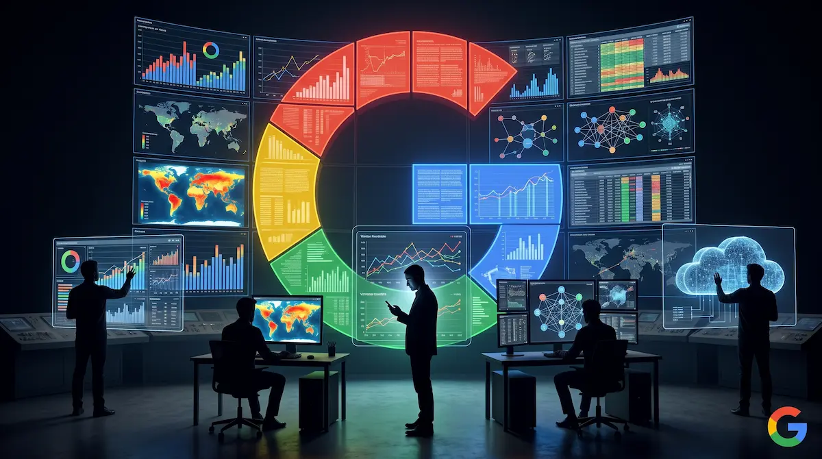 Ilustración de analistas de datos trabajando frente a pantallas interactivas que representan las plataformas gratuitas de Google para investigar y visualizar métricas.