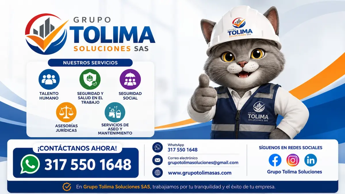 Infografía de servicios de Grupo Tolima Soluciones SAS, empresa liderada por Luis Felipe Ruiz, mostrando soluciones de talento humano, seguridad, asesorías y datos de contacto